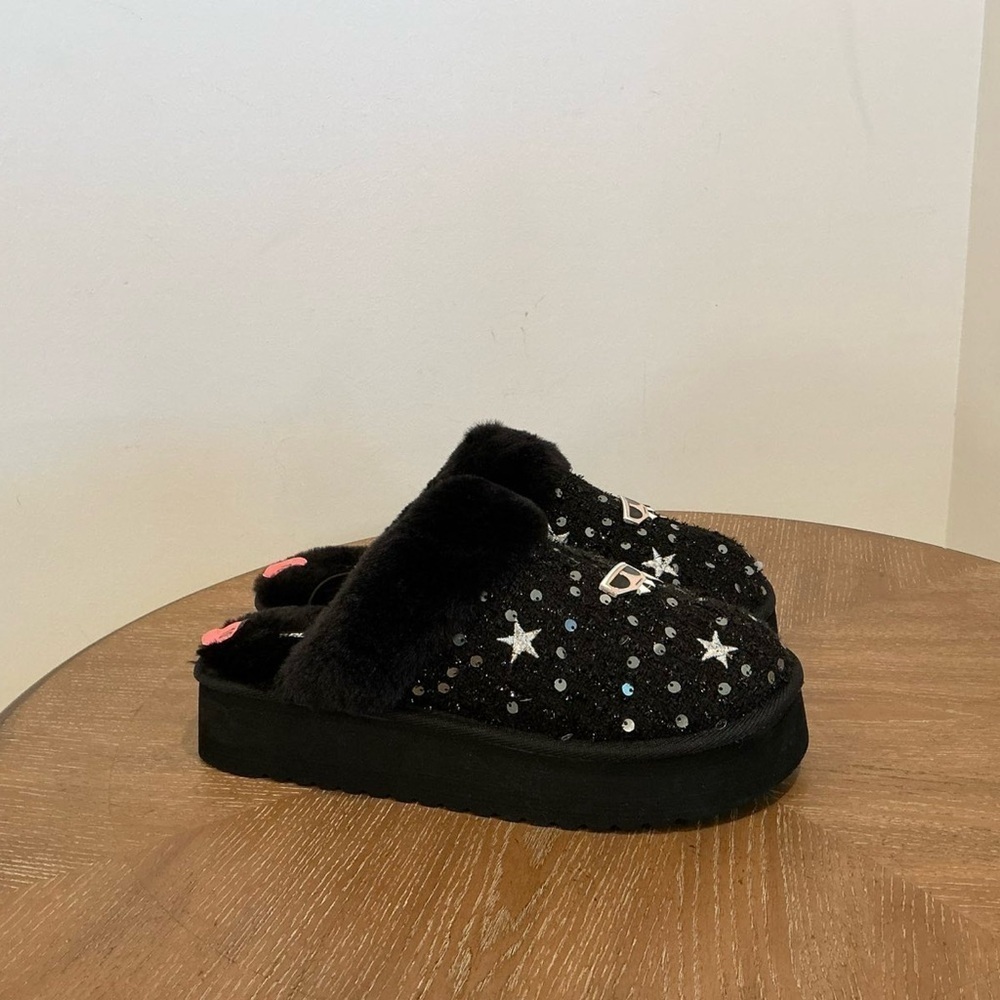 Karl Lagerfeld Hessa Tweed Gold Faux Fur Trim Platform Slides